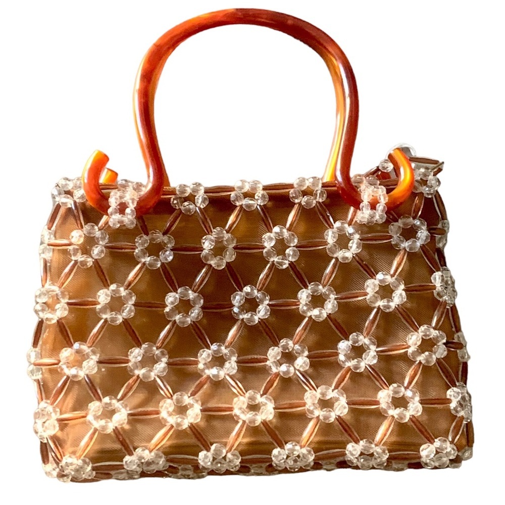 Womens HANDMADE Natural Tones Brown & White Translucent Beaded Handbag Purse